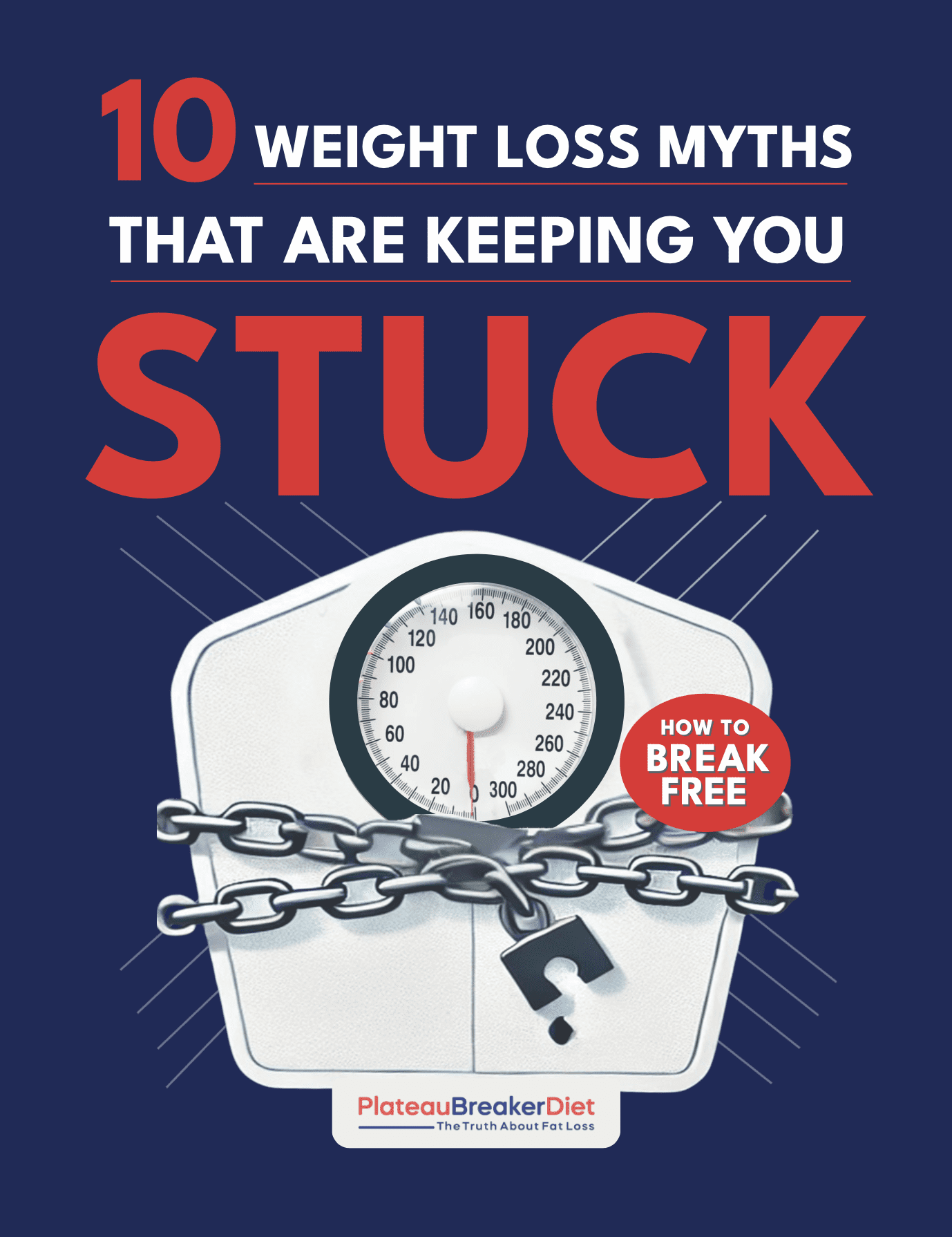 A graphic featuring a scale at the center, surrounded by chains and a padlock, symbolizing being "stuck" in weight loss. The title reads "10 WEIGHT LOSS MYTHS THAT ARE KEEPING YOU STUCK" in bold, with "STUCK" emphasized in large red letters. Below the scale, there's a banner that says "PlateauBreakerDiet" along with the tagline "The Truth About Fat Loss." The background is a deep blue, creating a striking contrast with the white scale and the chains.